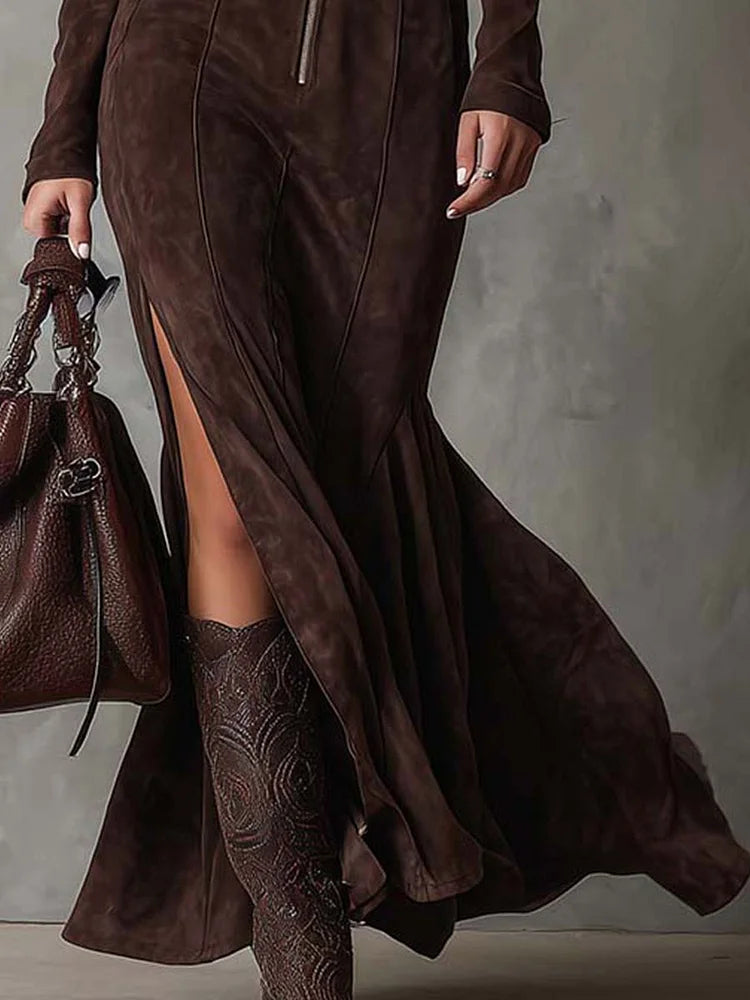 Vanmeeren™ | Marceline – Lange Bruine Jurk met Riem