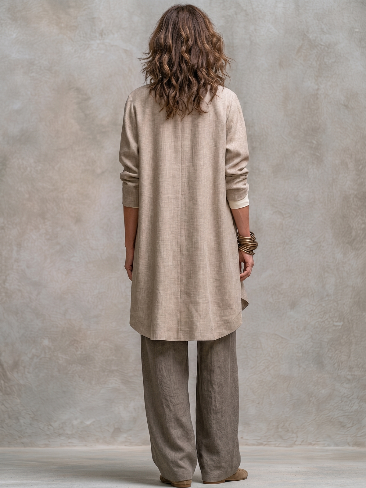 Vanmeeren™ | Lidia – Driedelige Elegante Set in Beige en Grijs met Wijde Broek