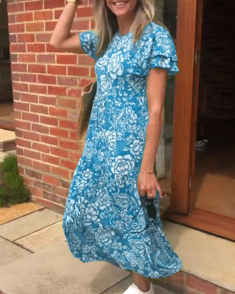 Laluna® | Lange jurk met korte mouwen en bloemenprint