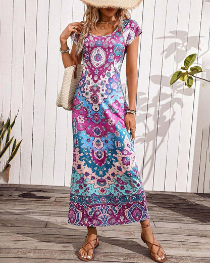 Kleurrijke casual jurk met print en splitten