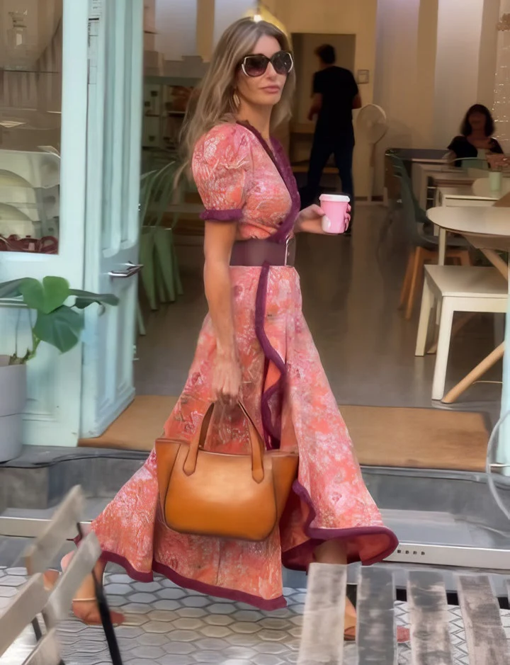 Elegante Roze Maxi Dress met Korte Mouwen