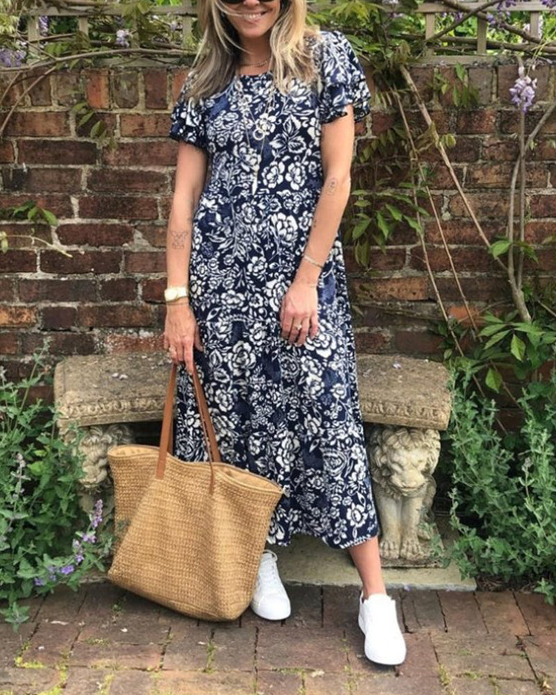 Laluna® | Lange jurk met korte mouwen en bloemenprint