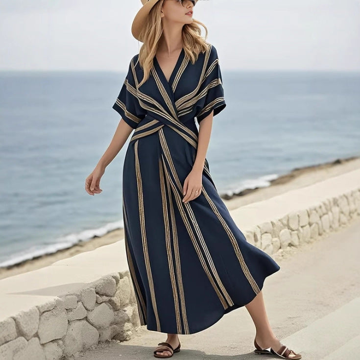 Thalia™ | Elegant Striped Wrap Maxi Dress