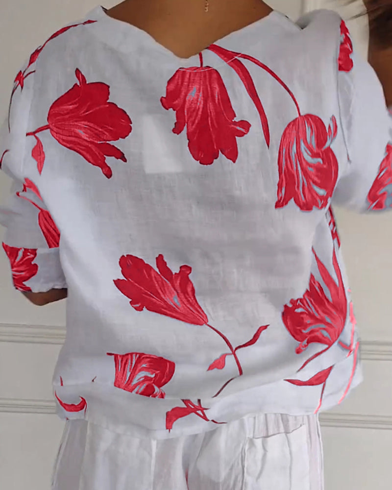 Top van katoen en linnen met bloemenprint