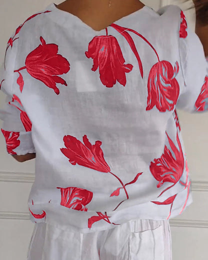 Top van katoen en linnen met bloemenprint