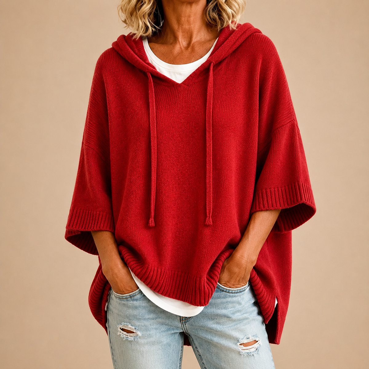 Vanmeeren™  | Gebreide poncho met capuchon en driekwartmouwen