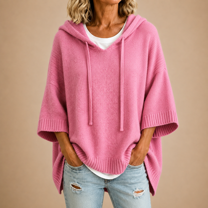 Vanmeeren™  | Gebreide poncho met capuchon en driekwartmouwen