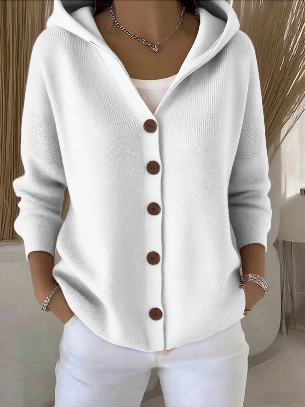 Vanmeeren™ | Gebreid vest met capuchon en knopen