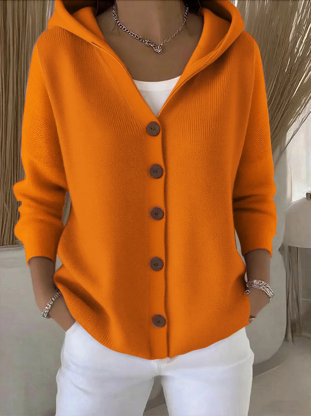 Vanmeeren™ | Gebreid vest met capuchon en knopen