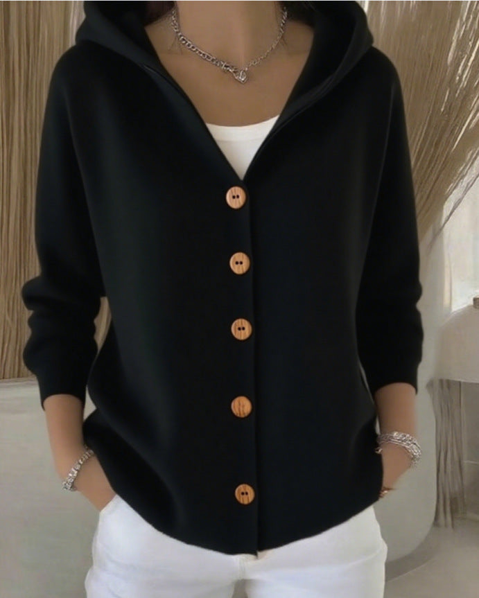 Vanmeeren™ | Gebreid vest met capuchon en knopen