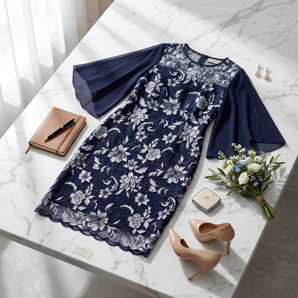 Yvna™ | Lace Dress with Chiffon Sleeves