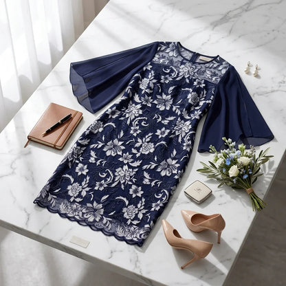 Yvna™ | Lace Dress with Chiffon Sleeves