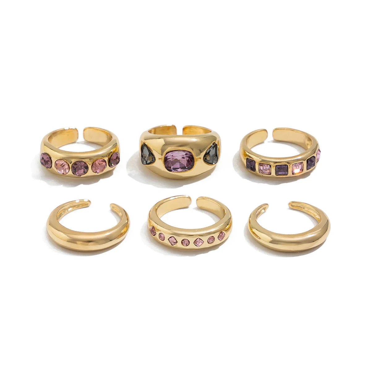Vanmeeren™ | Set van 6 Goudkleurige Ringen met Paarse Zirkoon – Verstelbaar & Luxe Afwerking