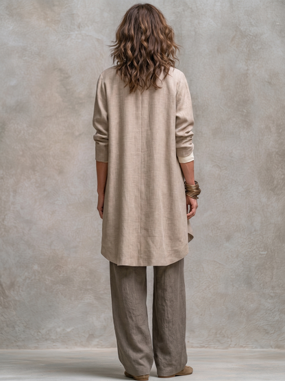 Vanmeeren™ | Lidia – Driedelige Elegante Set in Beige en Grijs met Wijde Broek