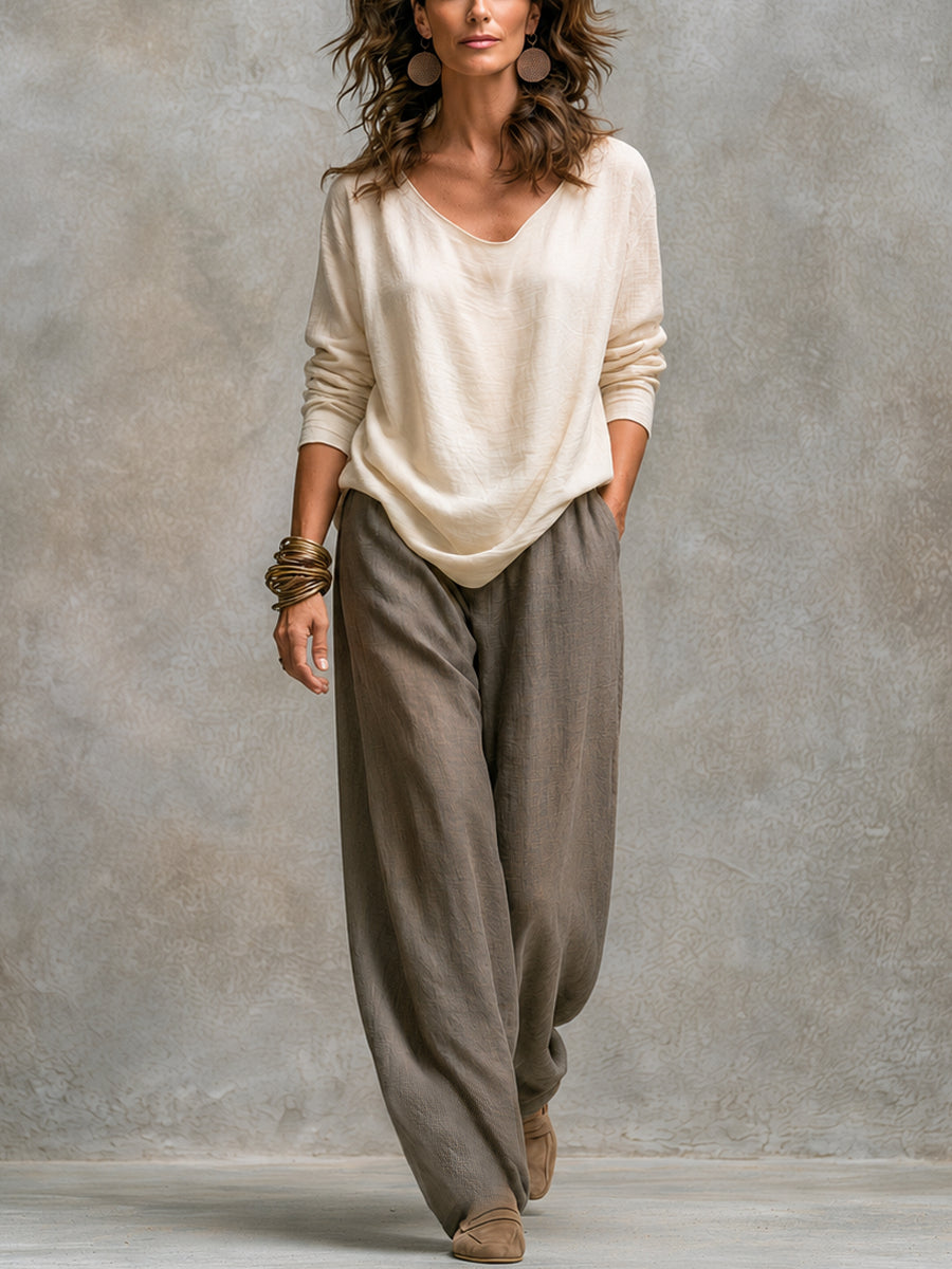 Vanmeeren™ | Lidia – Driedelige Elegante Set in Beige en Grijs met Wijde Broek