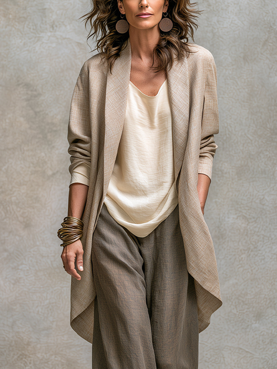 Vanmeeren™ | Lidia – Driedelige Elegante Set in Beige en Grijs met Wijde Broek