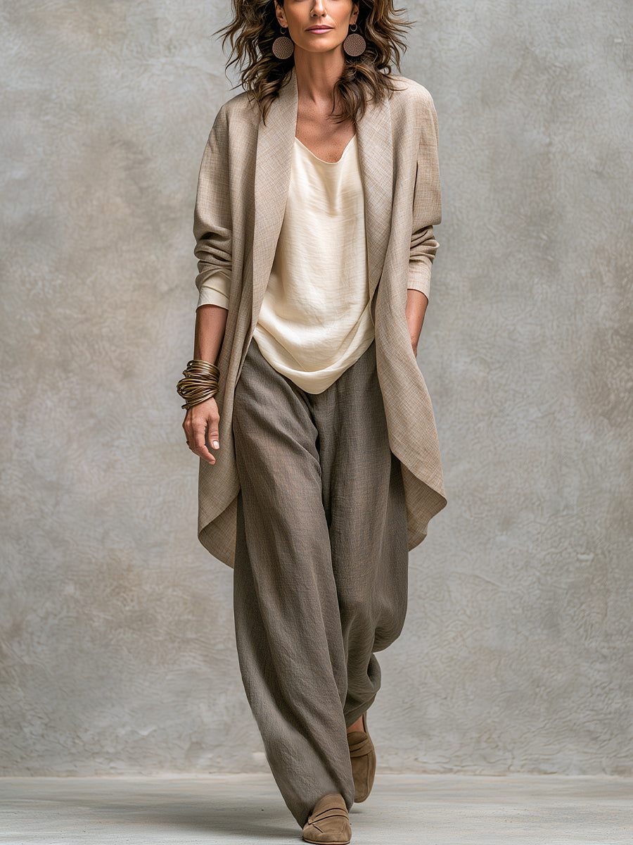 Vanmeeren™ | Lidia – Driedelige Elegante Set in Beige en Grijs met Wijde Broek