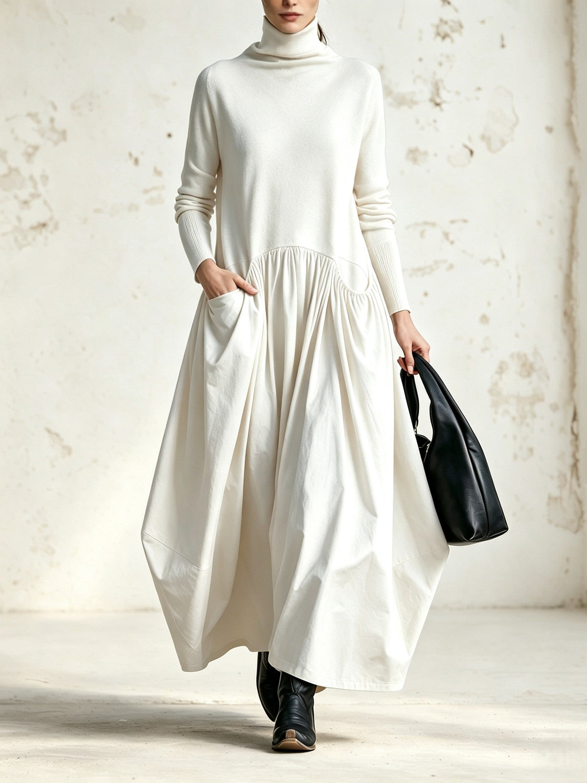 Vanmeeren™ | Celinne – Lange Zwarte Oversized Jurk met Hoge Hals en Decoratieve Zakken