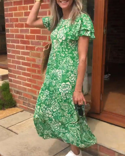 Laluna® | Lange jurk met korte mouwen en bloemenprint
