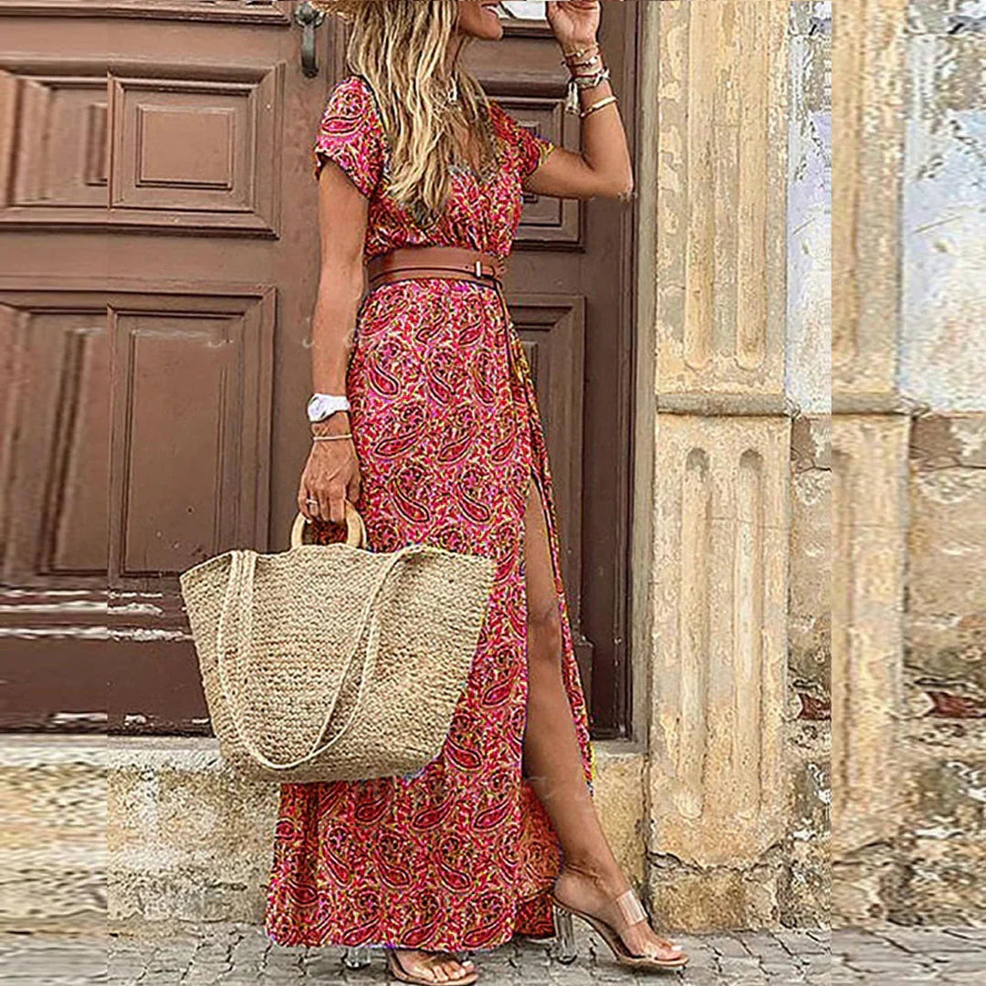 Luchtige boho maxi-jurk met bijpassende riem